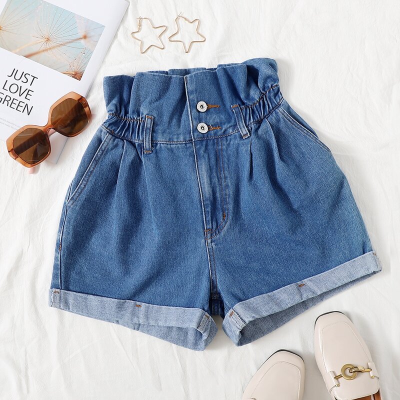 

Solid Button Fly Denim Shorts, Medium wash