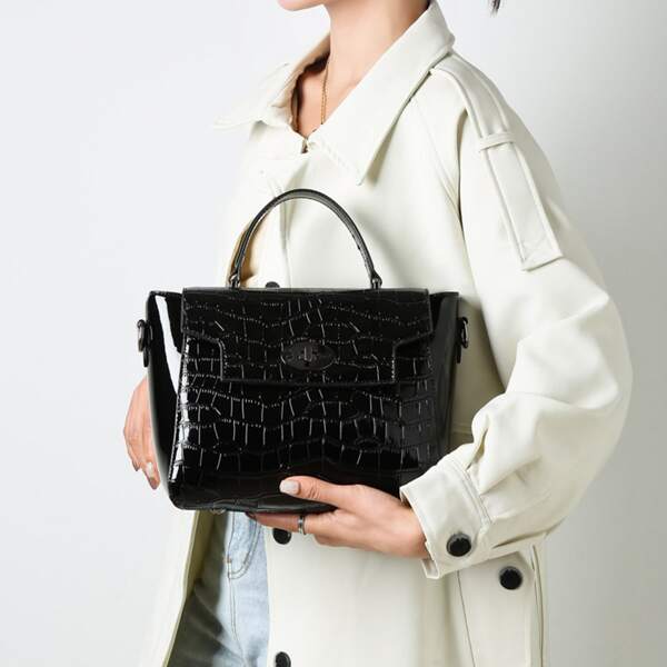 

Croc Embossed Satchel Bag, Black