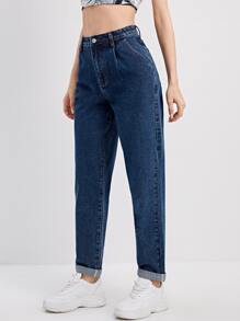 Jeans mom con bolsillo oblicuo - Azul Marino - Ver 1