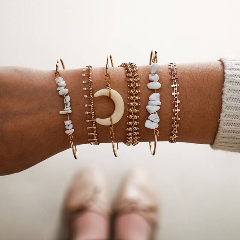 

6pcs Moon & Stone Decor Bracelet, Gold