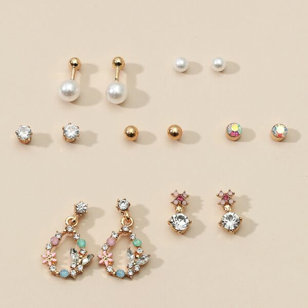 

7pairs Faux Pearl & Rhinestone Decor Earrings, Multicolor