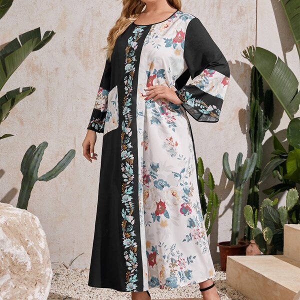 

Plus Bell Sleeve Floral Print Belted Dress, Multicolor