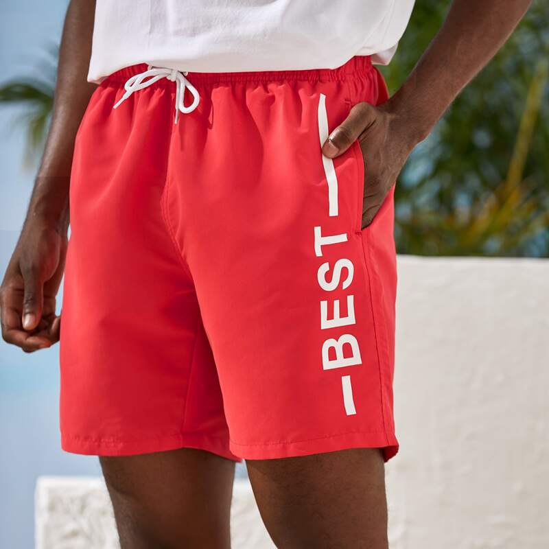 

Guys Letter Graphic Drawstring Waist Swim Trunks, Red