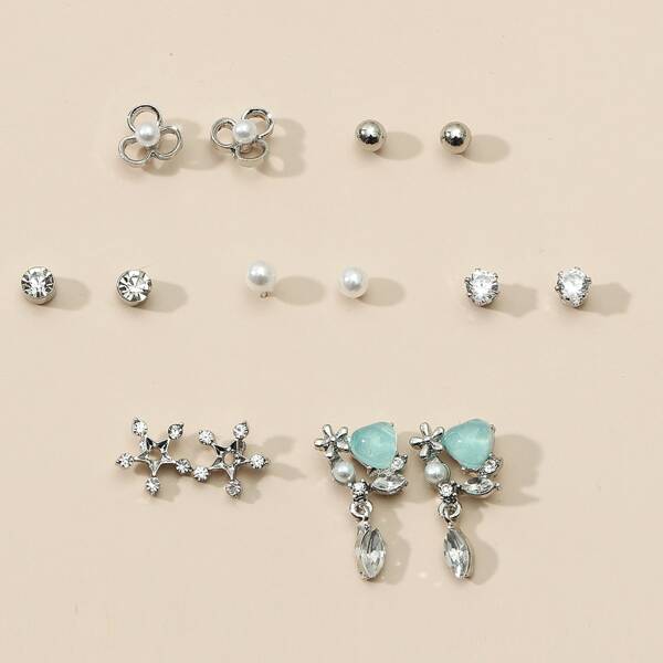 

7pairs Faux Pearl Decor Star Design Earrings, Multicolor