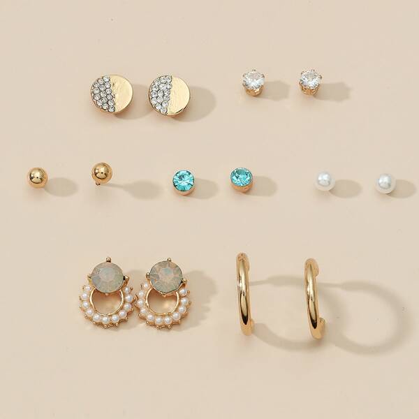

7pairs Faux Pearl & Rhinestone Decor Earrings, Multicolor