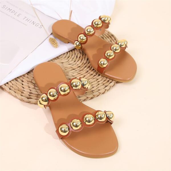 

Metal Decor Slide Sandals, Brown