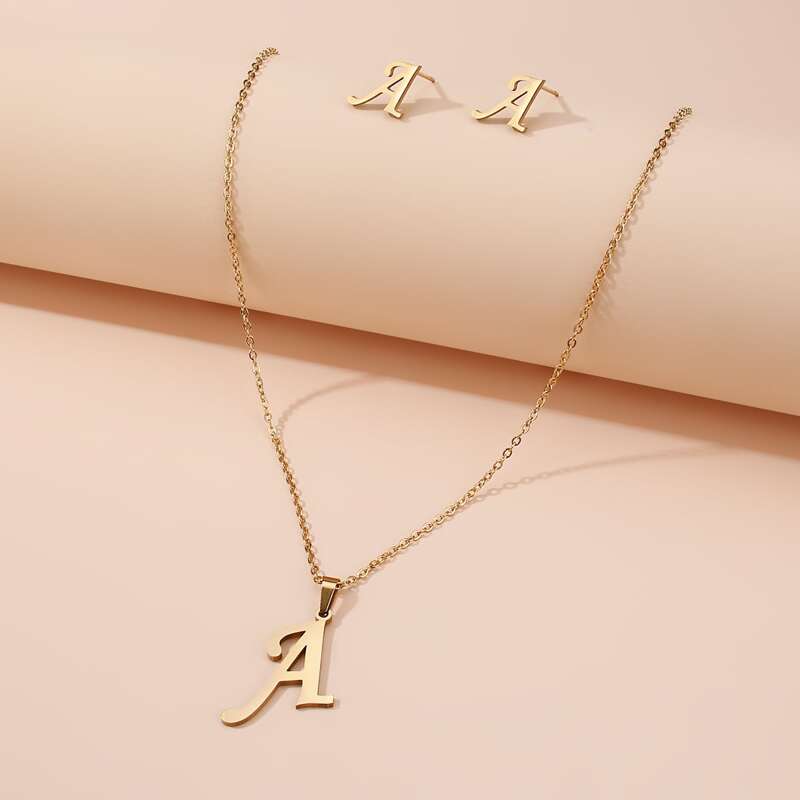 

Letter A Necklace & Stud Earrings, Gold