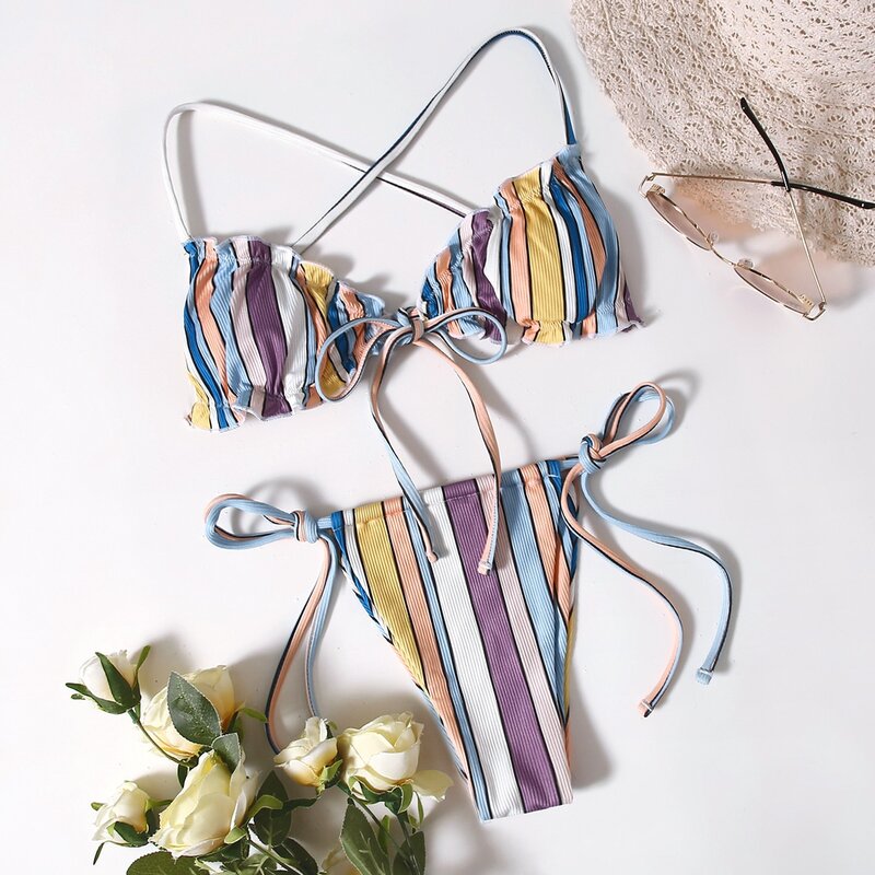 

Stripe Frill Trim Bikini Swimsuit, Multicolor