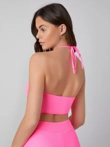 SHEIN Rib Halter Bikini Top - Pink - View 2