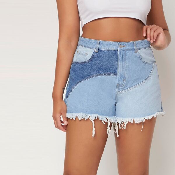 

Plus Contrast Panel Raw Hem Denim Shorts, Light wash