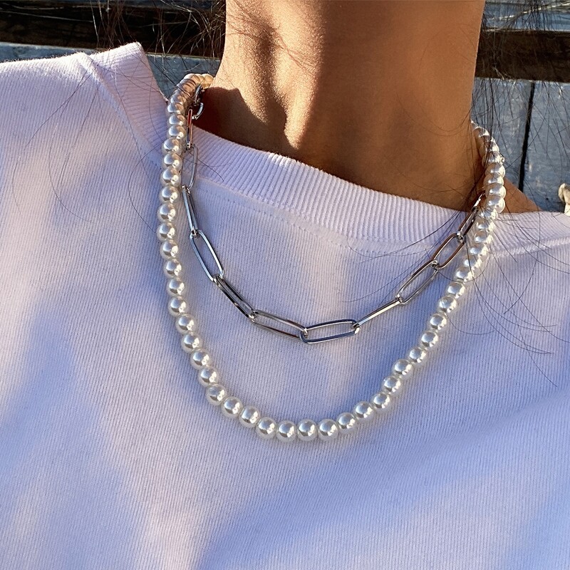 

2pcs Faux Pearl Chain Necklace, Silver