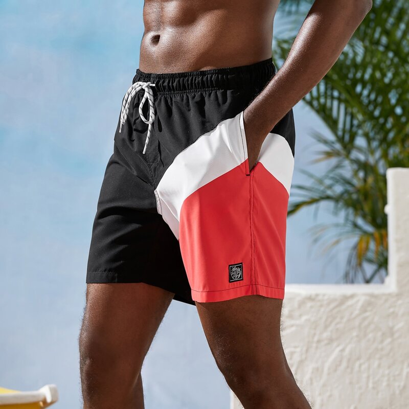 

Guys Contrast Panel Drawstring Waist Swim Trunks, Multicolor