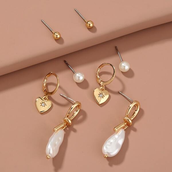 

4pairs Faux Pearl Decor Heart Charm Earrings, Gold