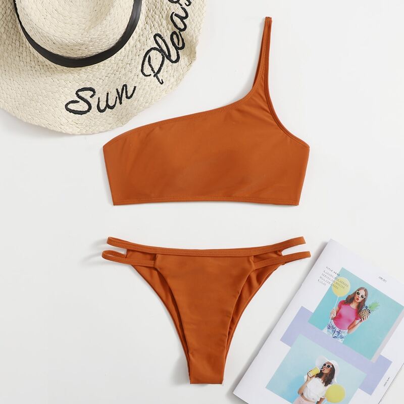 

Cut-out One Shoulder Bikini Swimsuit, Brown