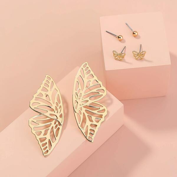 

3pairs Butterfly Design Stud Earrings, Gold