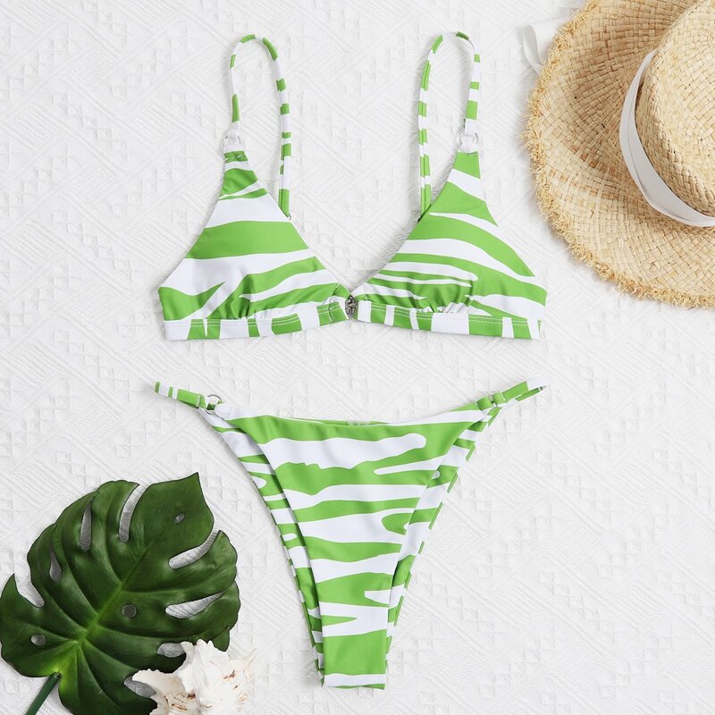 

Zebra Stripe Tanga Bikini Swimsuit, Green