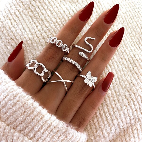 

6pcs Butterfly Decor Ring, Silver