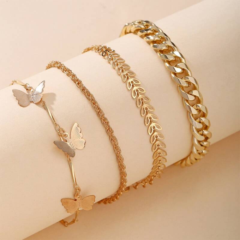 

4pcs Butterfly Charm Chain Anklet, Gold