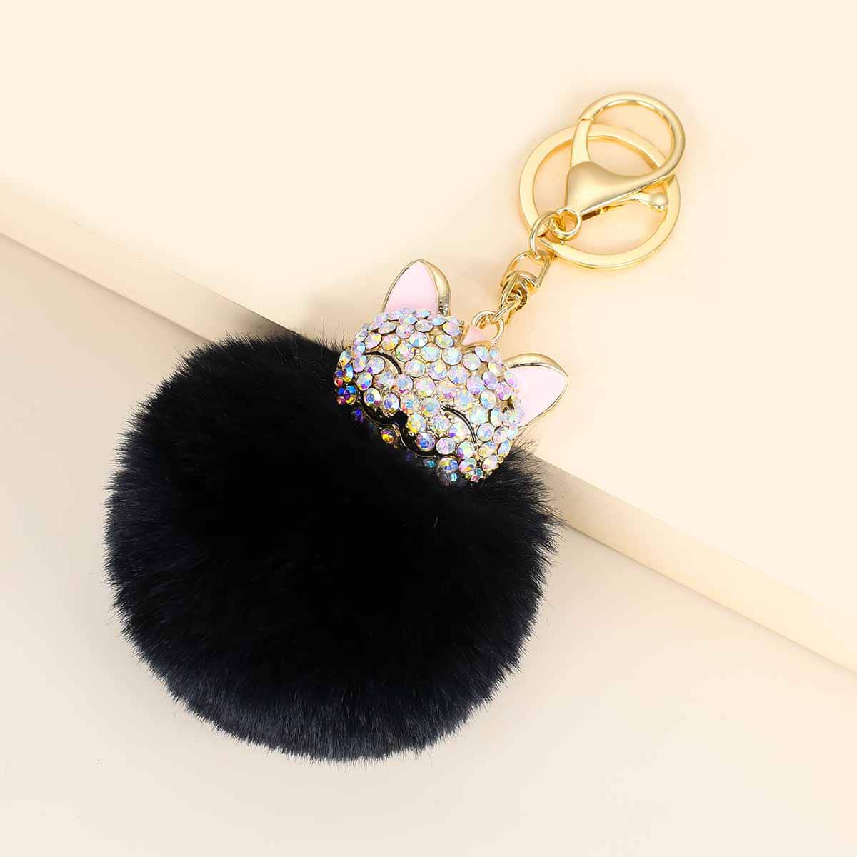 

Rhinestone Cat & Pom Pom Charm Keychain, Black