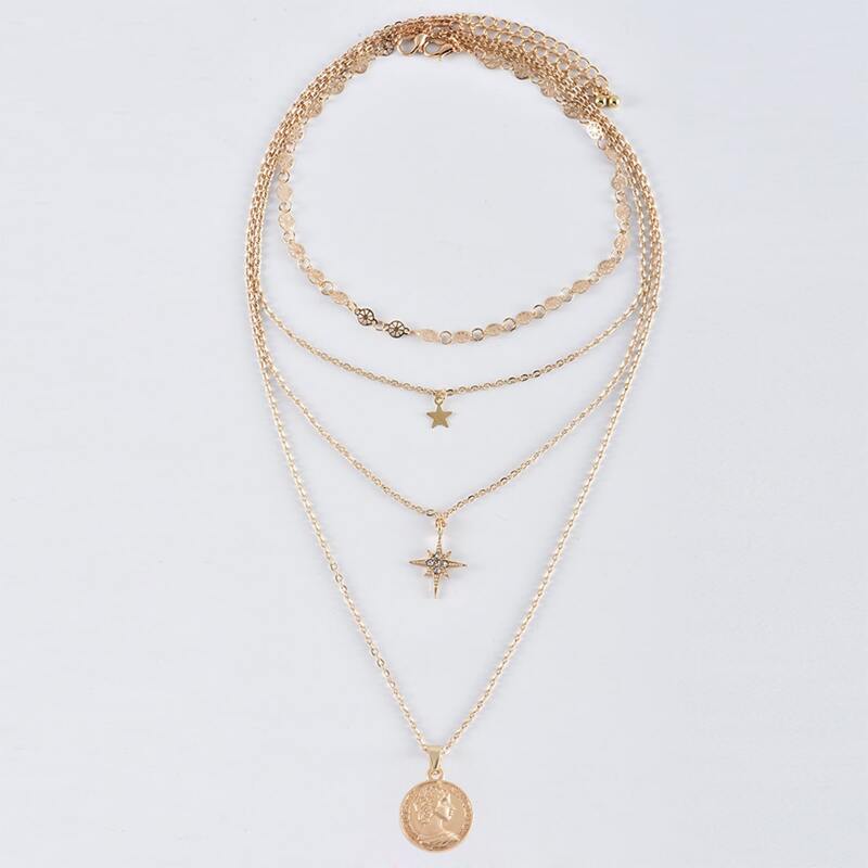 

2pcs Rhinestone Star & Coin Charm Necklace, Gold