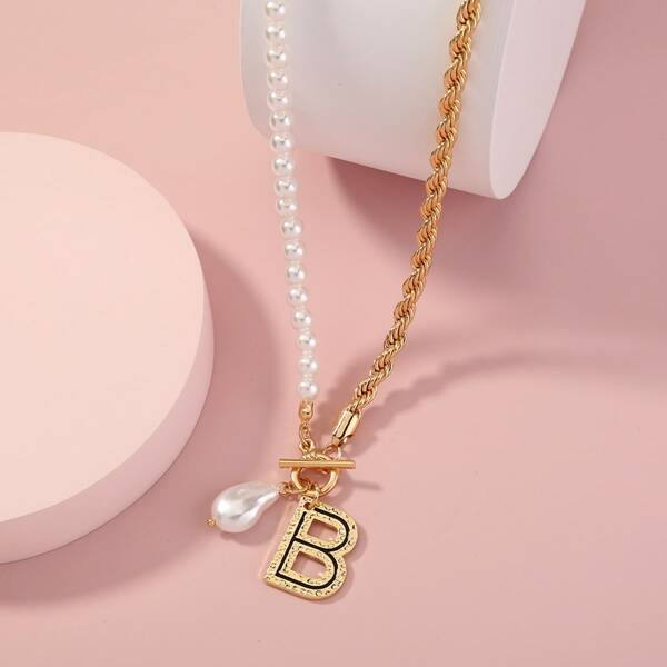 

Faux Pearl Letter Charm Necklace, Gold