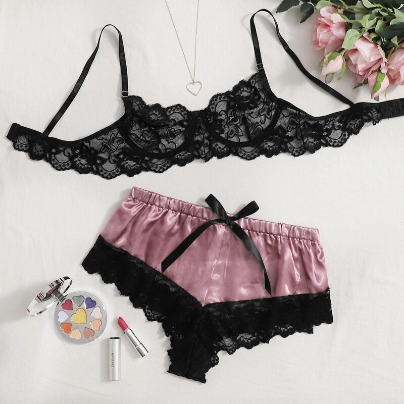 

Floral Lace Bra & Satin Shorts Lingerie Set, Multicolor
