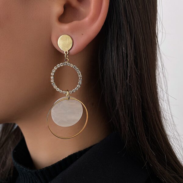 

Rhinestone Round Design Drop Earrings, Gold
