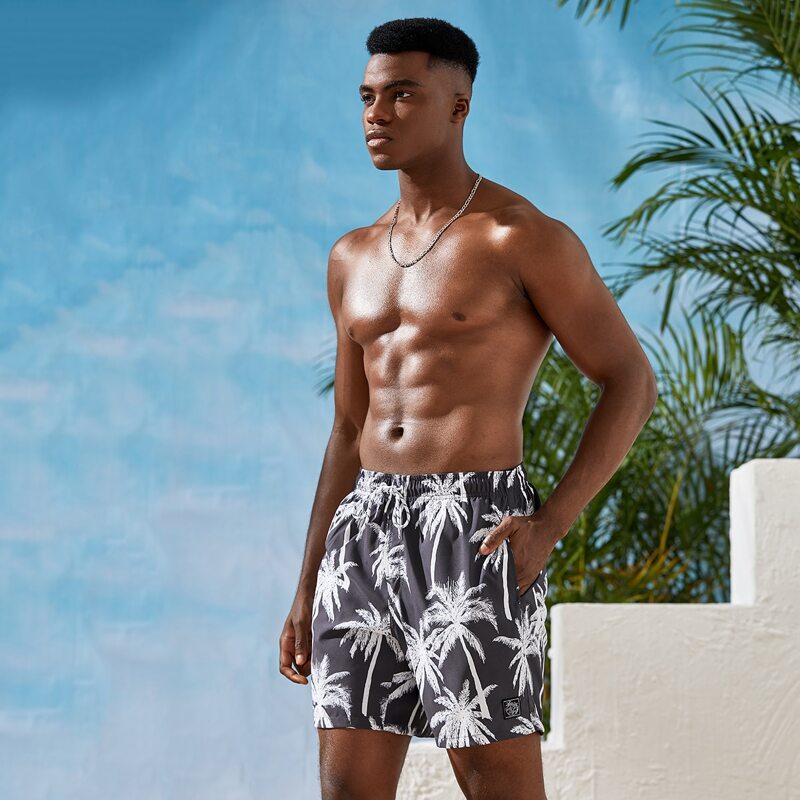 

Guys Tropical Print Drawstring Waist Swim Trunks, Multicolor
