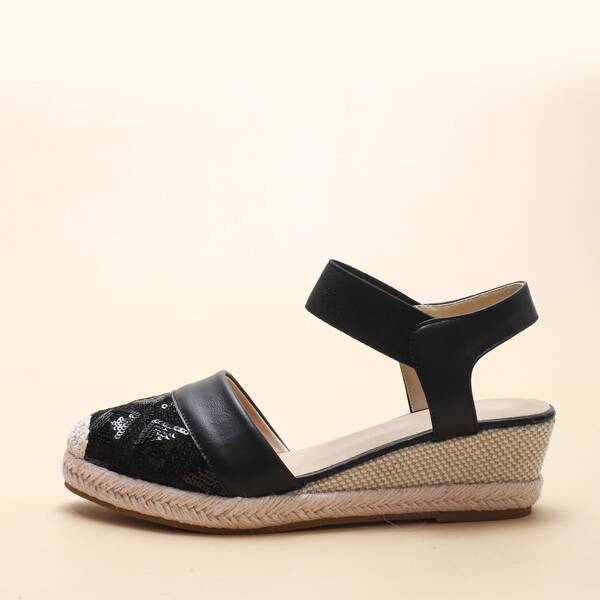 

Sequins Decor Ankle Strap Court Wedges, Black