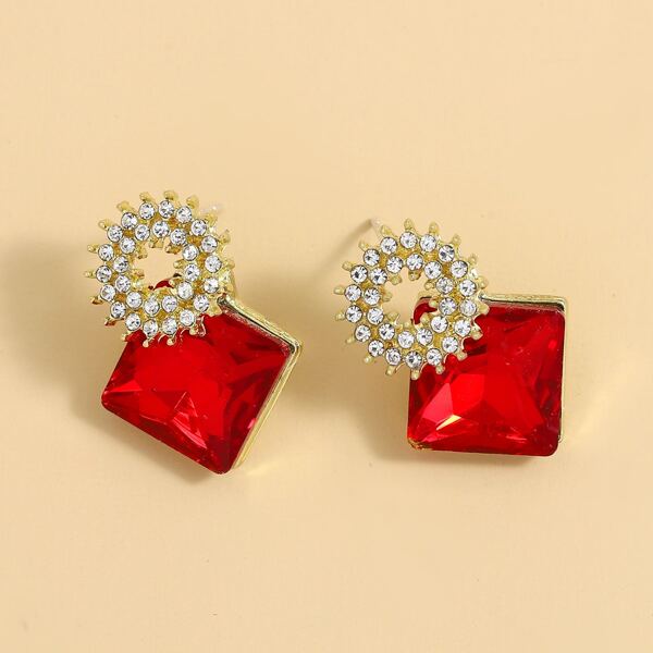 

Rhinestone Decor Geometric Earrings, Red