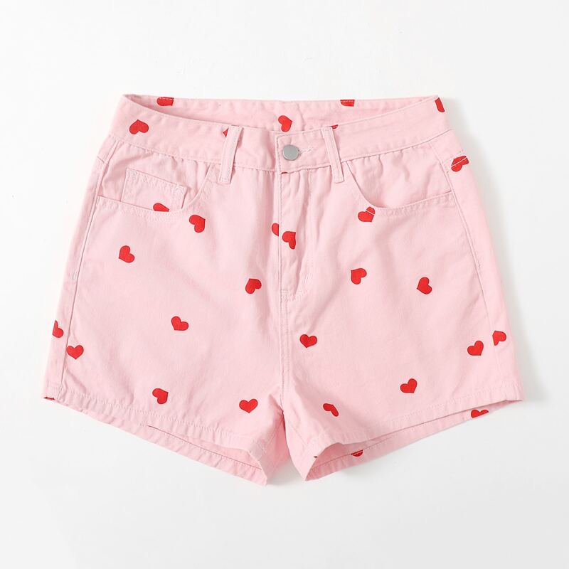 

Heart Print Denim Shorts, Baby pink