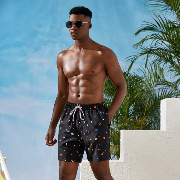 

Men Confetti Print Drawstring Waist Swim Trunks, Black