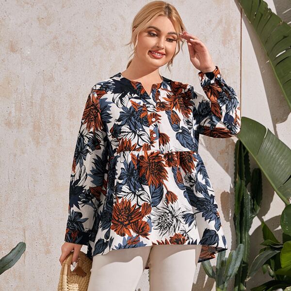 

Plus Notched Neck Buttoned Front Floral Print Blouse, Multicolor