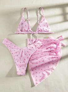 3 件装碎花印花三角比基尼套装带沙滩裙，适合夏季度假 - 淺粉色 - 查看 2