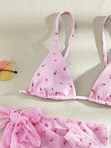 3 件装碎花印花三角比基尼套装带沙滩裙，适合夏季度假 - 淺粉色 - 查看 4