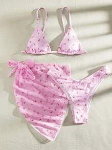3 件装碎花印花三角比基尼套装带沙滩裙，适合夏季度假 - 淺粉色 - 查看 5