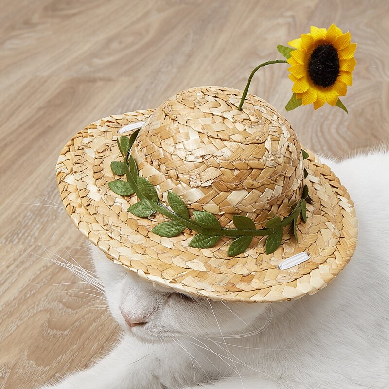 

1pc Sunflower Decor Pet Straw Hat, Yellow