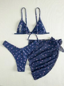 3 件装花卉三角比基尼套装带沙滩裙，适合夏季度假 - 藏蓝色 - 查看 2