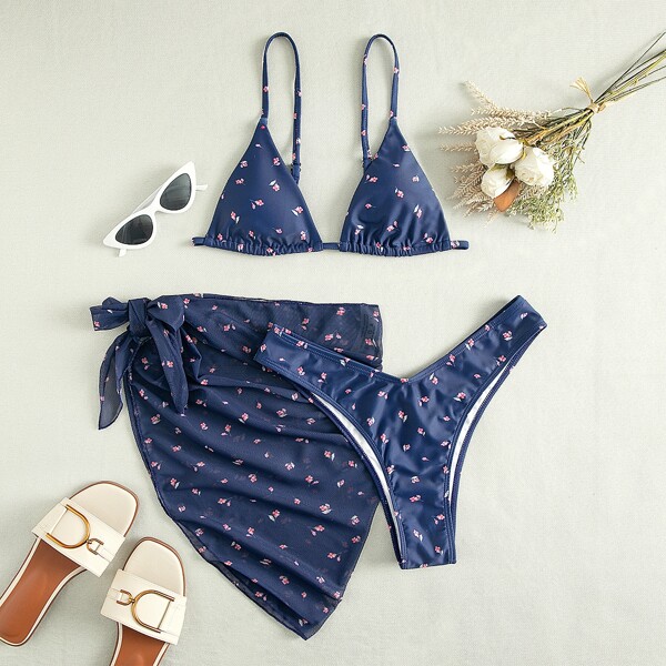 

3pack Floral Triangle Bikini Swimsuit With Beach Skirt, Navy blue
