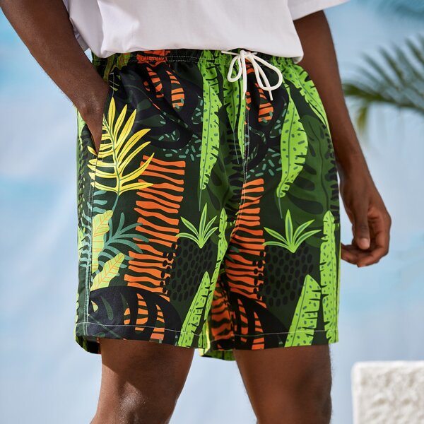 

Men Tropical Print Drawstring Swim Trunks, Multicolor