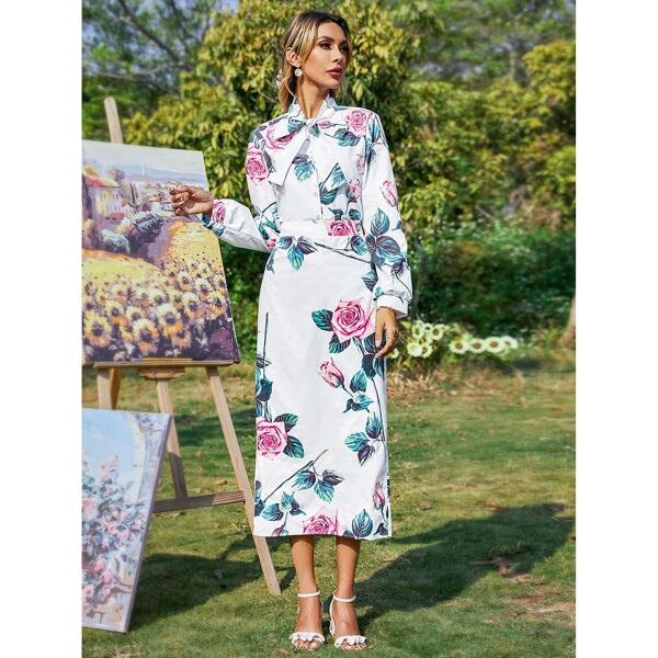 

Tie Neck Floral Print Blouse & Slit Back Skirt, Multicolor