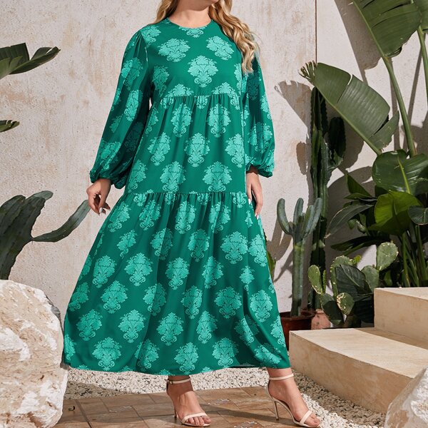 

Plus Lantern Sleeve Floral Print Smock Dress, Green