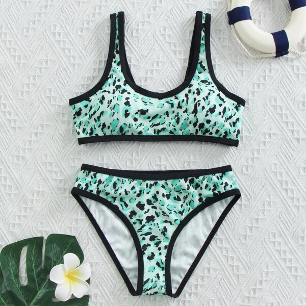 

Girls Allover Graphic Rib Bikini Swimsuit, Green