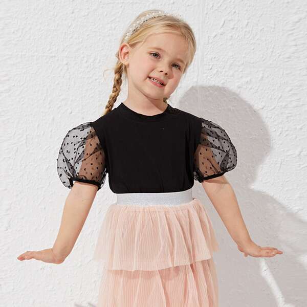 

Toddler Girls Mesh Panel Puff Sleeve Tee, Black