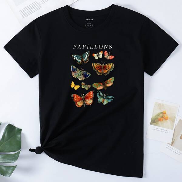 

Butterfly & Letter Graphic Tee, Black