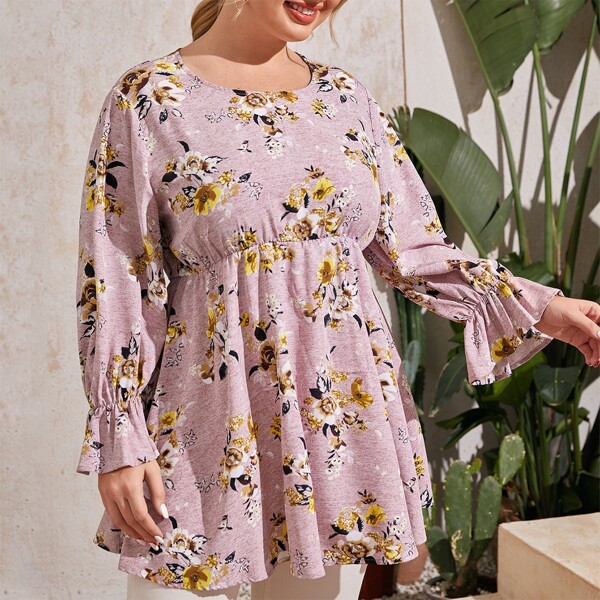 

Plus Flounce Sleeve Floral Print Top, Dusty pink