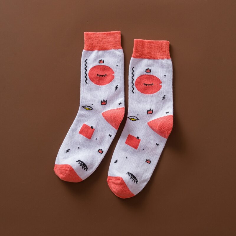 

Cartoon Print Crew Socks, Coral orange