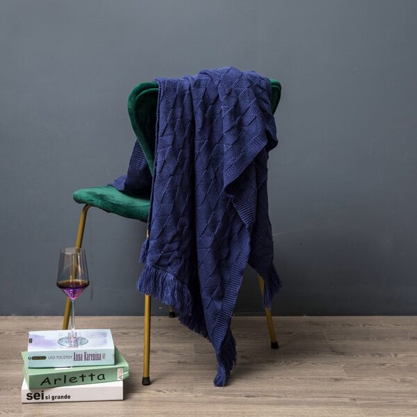 

Solid Color Tassel Knitted Throw, Navy blue