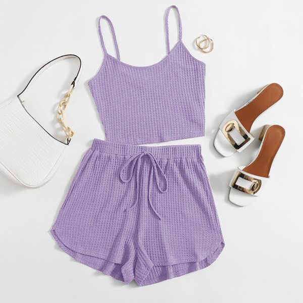 

Waffle Knit Crop Cami Top & Knot Waist Shorts Set, Lilac purple