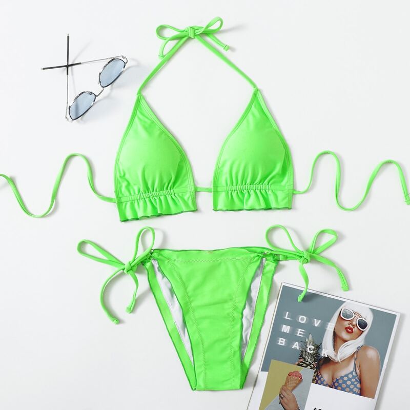 

Solid Halter Tie Side Bikini Swimsuit, Green
